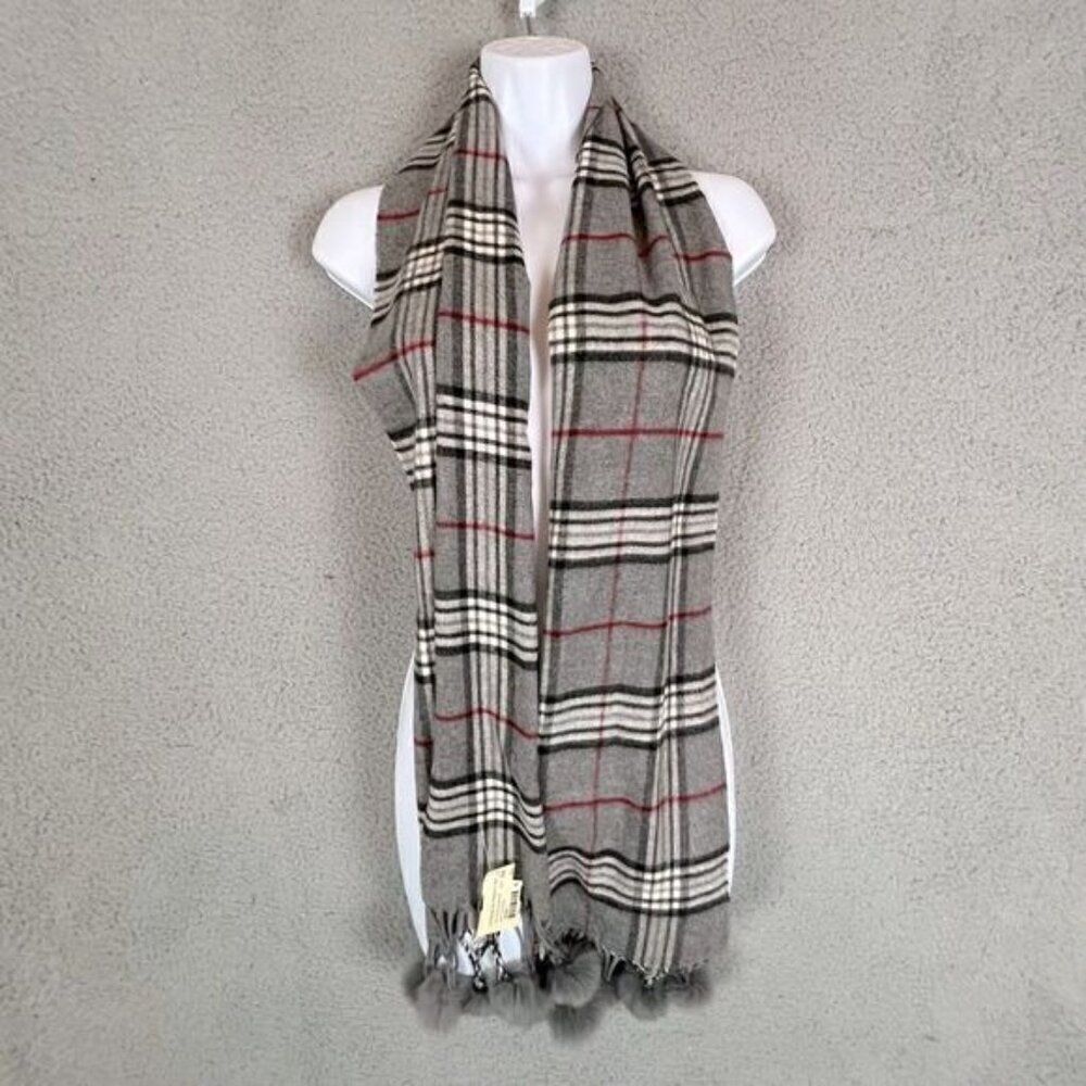 WOMENS SCARF GRAY WITH STRIPES RABBIT FUR BALL TASSELS